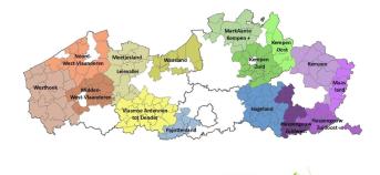 Kaart van Vlaanderen met 15 LEADER-gebieden